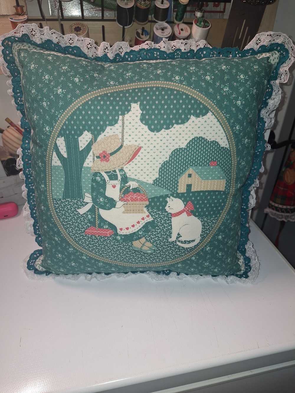 Vintage Handmade Teal Little Girl & Cat Decorative Throw Pillow - Unbranded